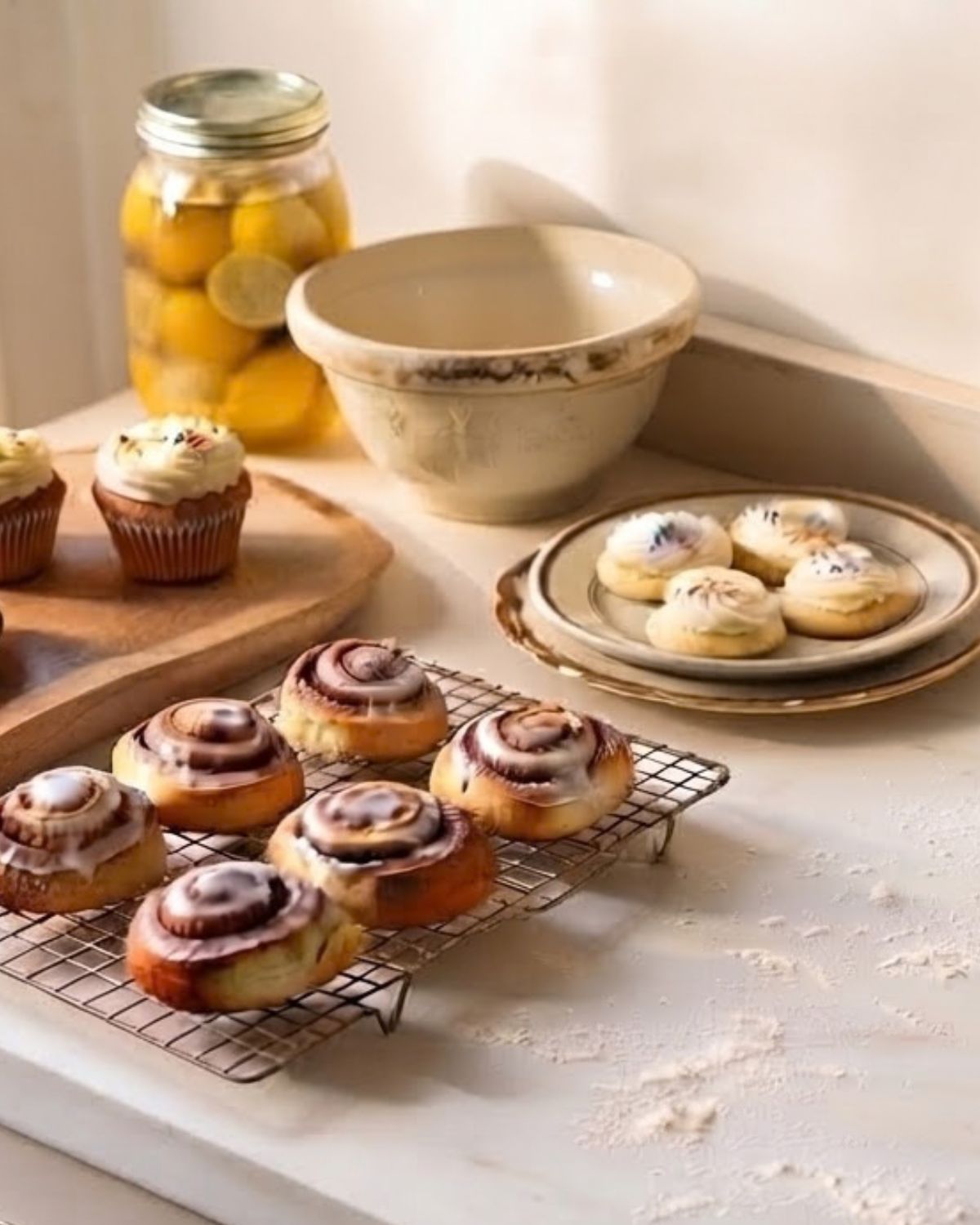 A sunlit kitchen counter with cinnamon rolls on a cooling rack, cupcakes, frosted cookies and a mixing bowl